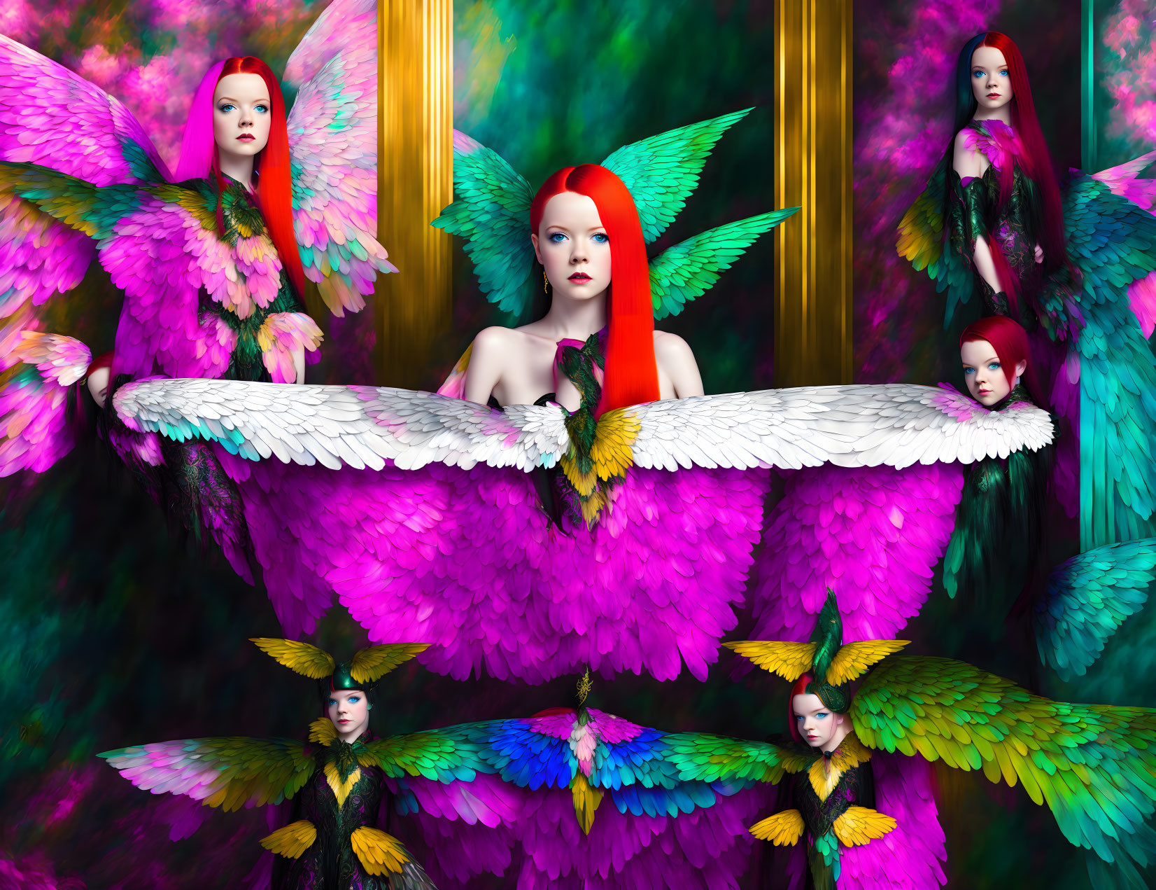 Colorful Image: Woman with Red Hair and Six Winged Figures in Floral Setting