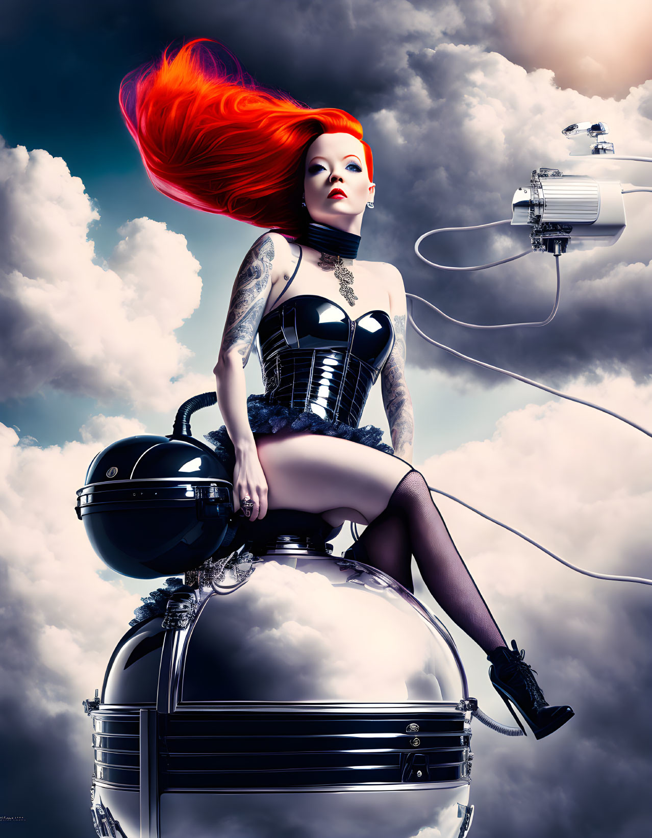 Tattooed woman with red hair on chrome grill with flying robot against dramatic sky