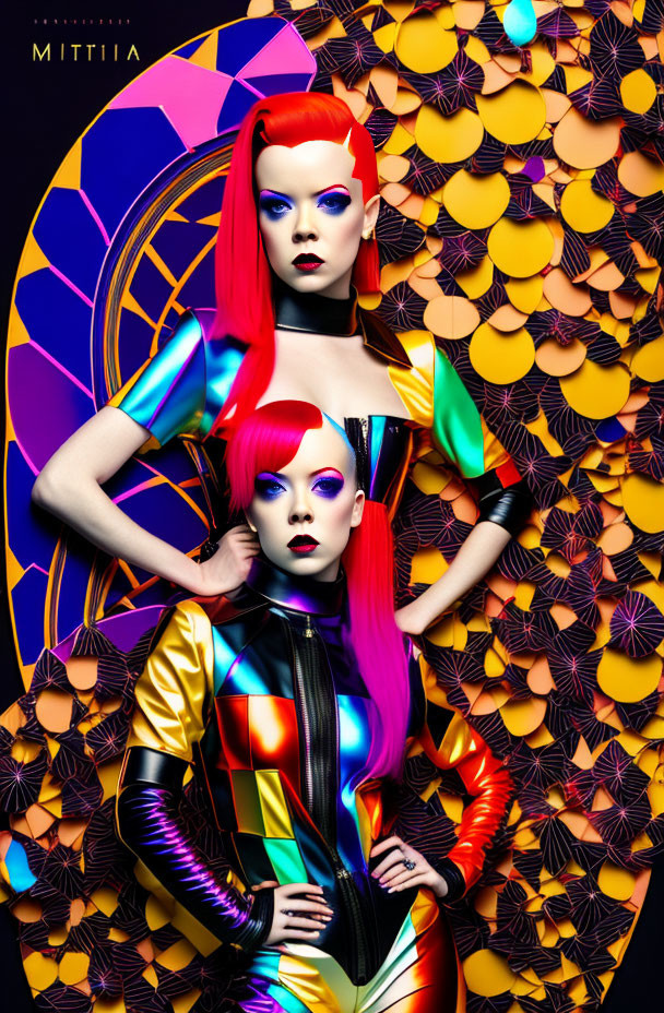 Vibrant red hair models in bold makeup and colorful futuristic outfits against geometric backdrop