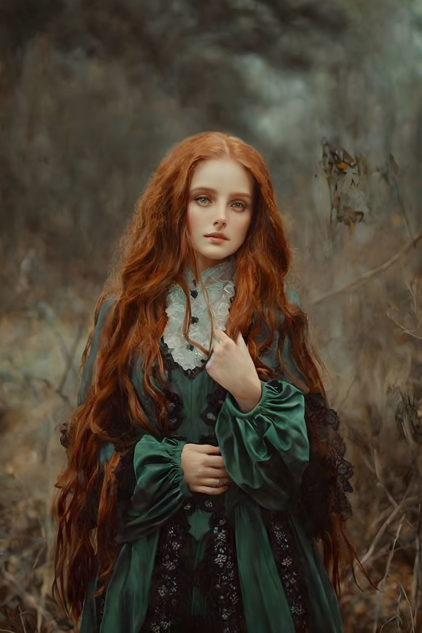 Red-haired girl in vintage green dress pensive in autumn forest