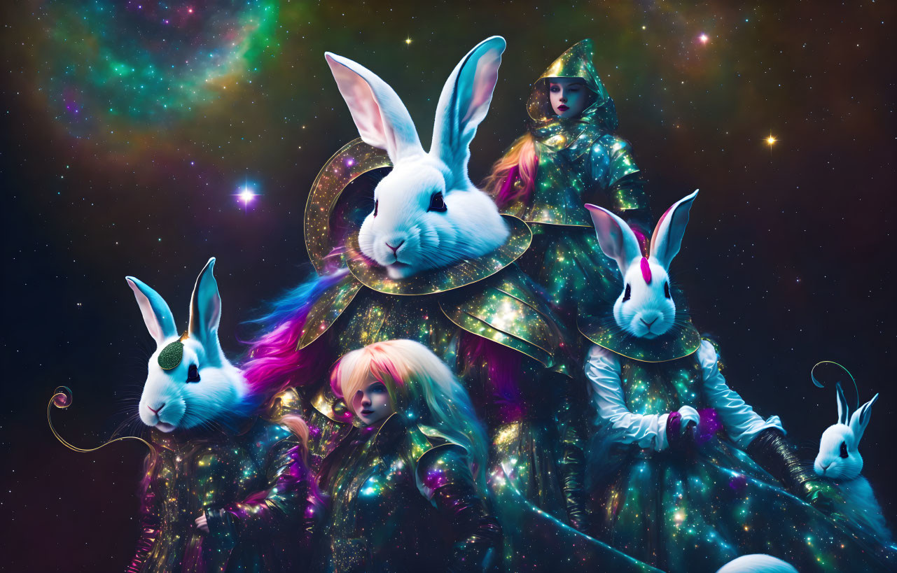 Surreal cosmic scene with oversized rabbits and astronaut-like figure