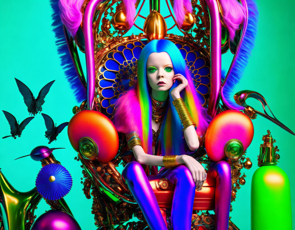 Colorful digital artwork: Alien figure on ornate throne, surreal elements, teal backdrop