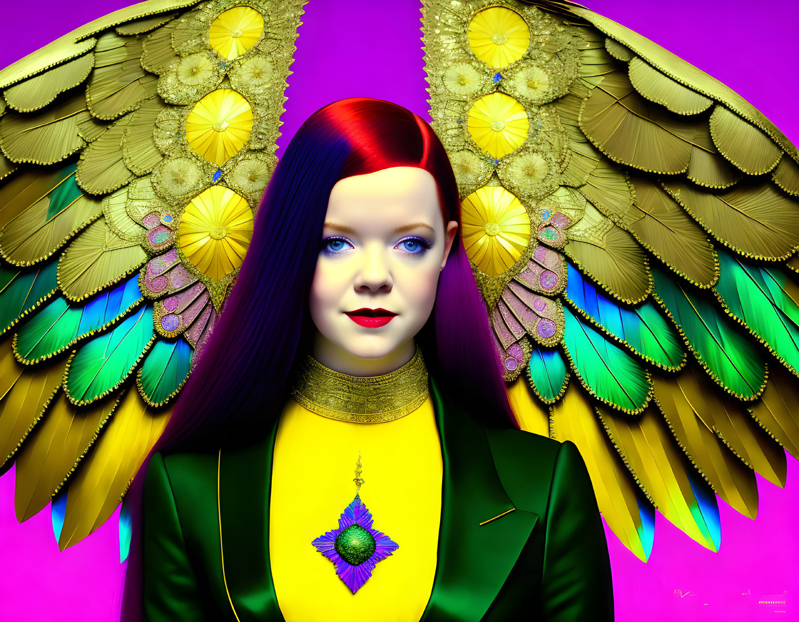 Colorful digital art: Woman with red hair, blue eyes, green jacket, and peacock wings