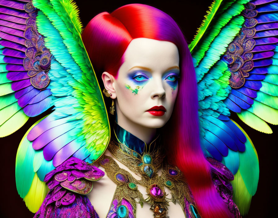 Colorful portrait of woman with multicolored hair and iridescent wings in artistic makeup.