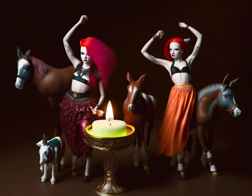 Two women with red and black hairstyles pose with toy horses and a candle on a stand.