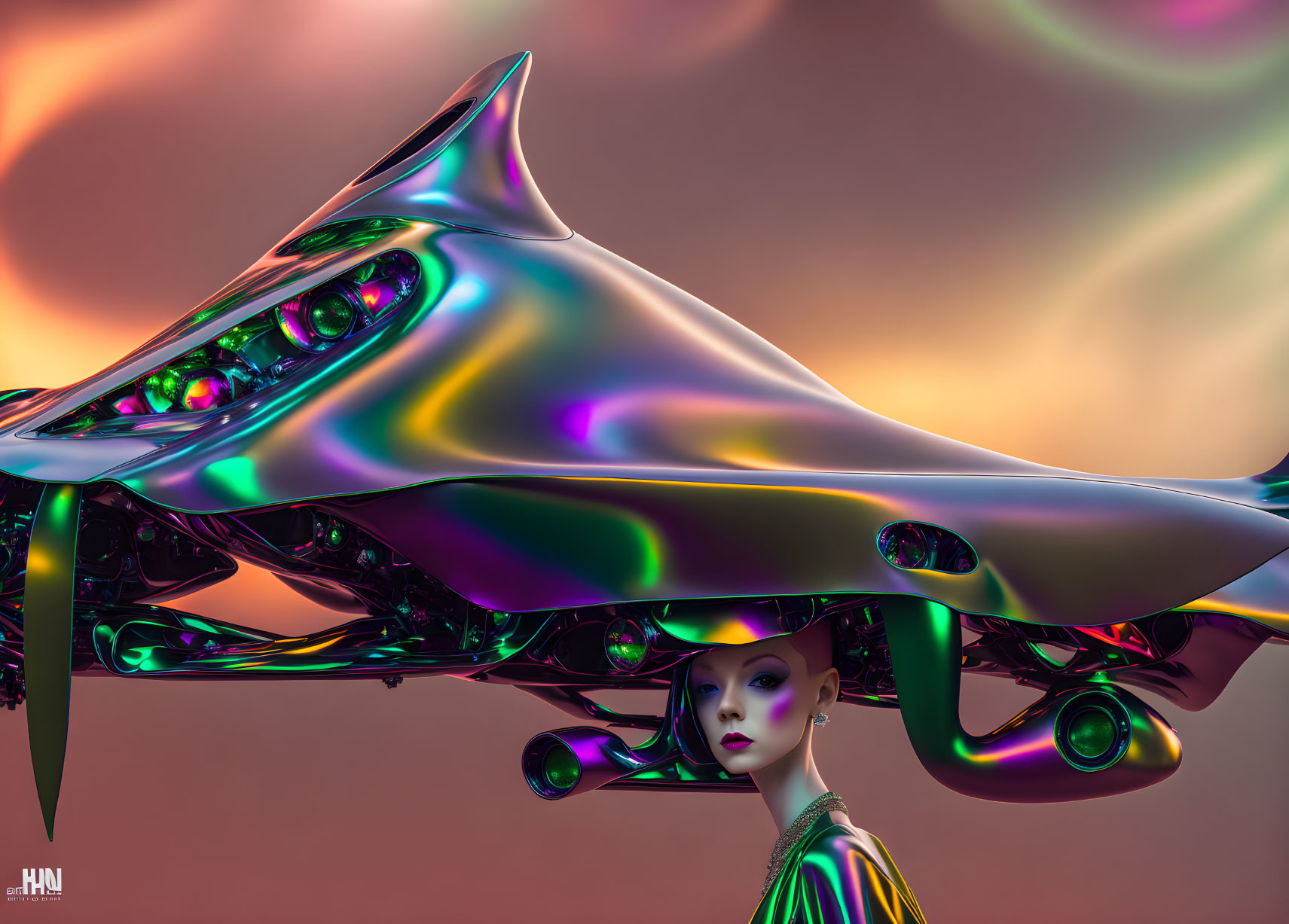Surreal artwork: Metallic, iridescent structure with shark-like aesthetics and stylized female figure