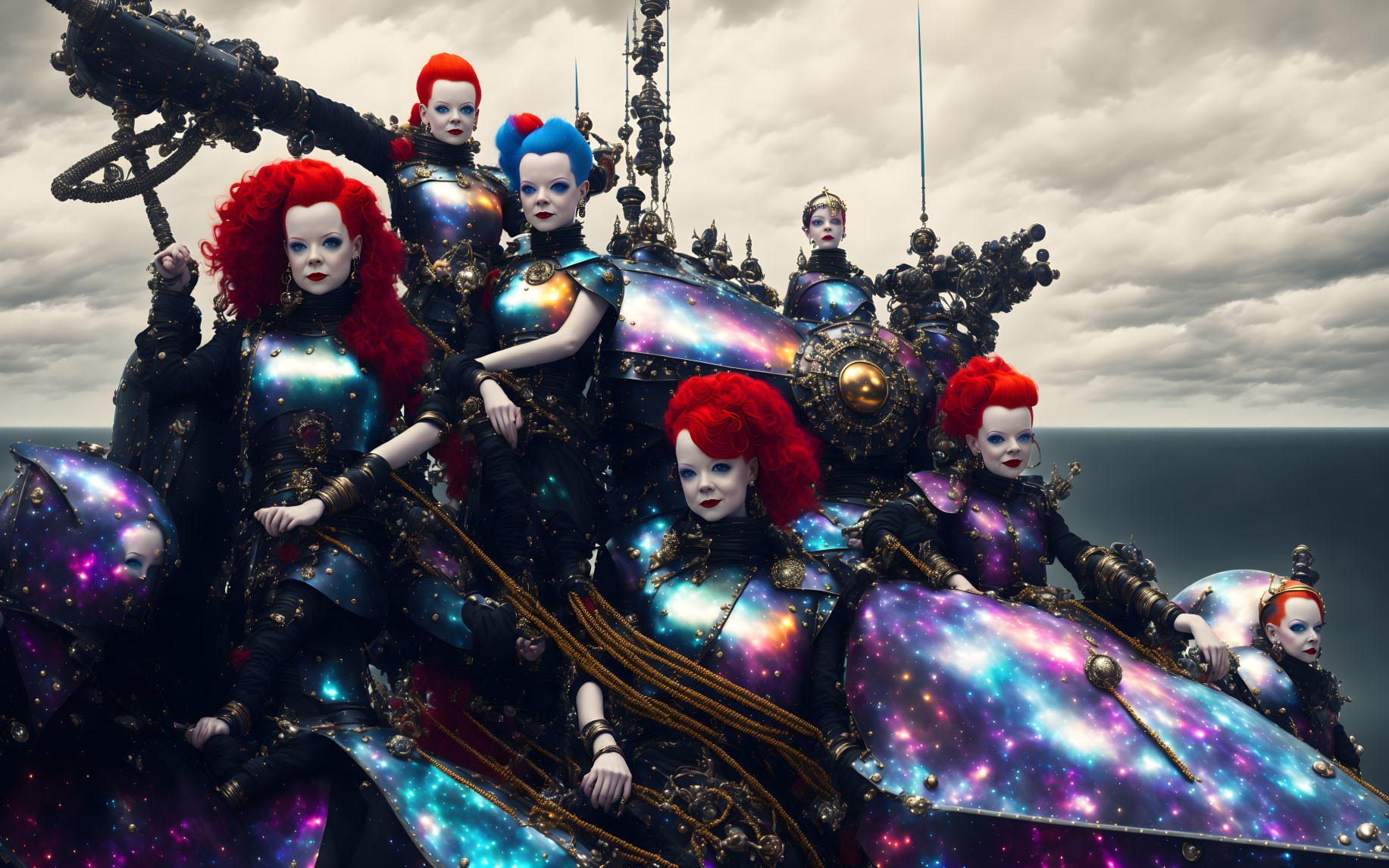 Mannequins with Red and Blue Hair on Cosmos-Themed Structure