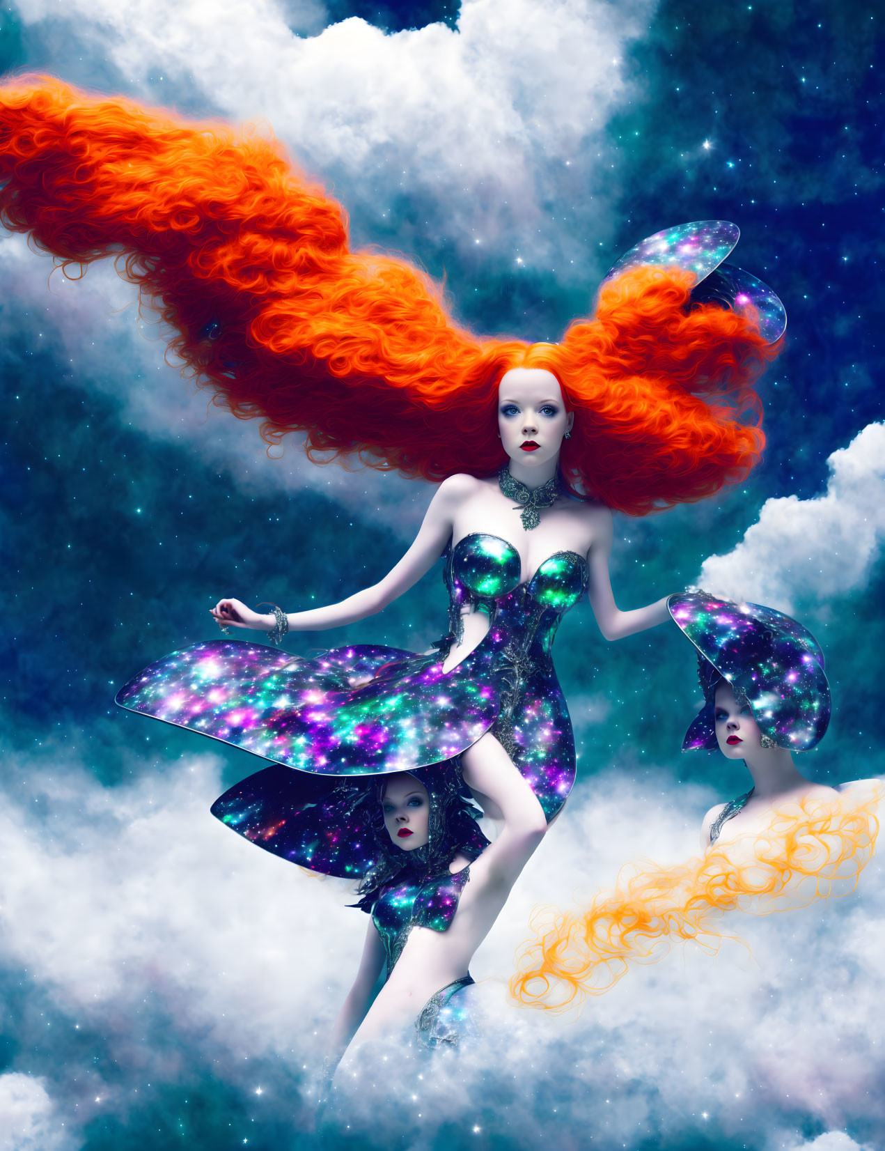 Vibrant red-haired woman in cosmic dress floating among clouds