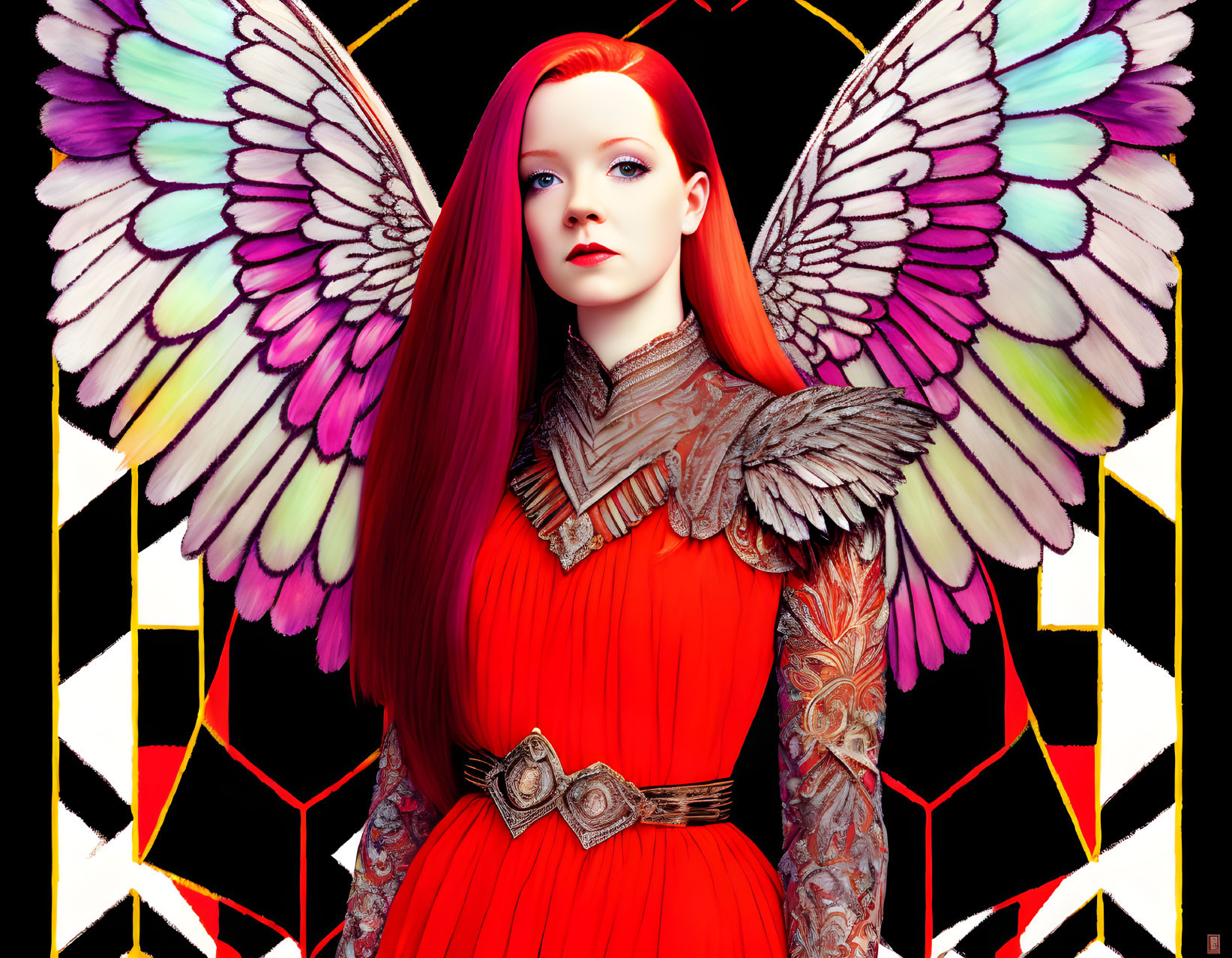 Colorful digital artwork: Woman with red hair, angel wings, red dress, high collar, on