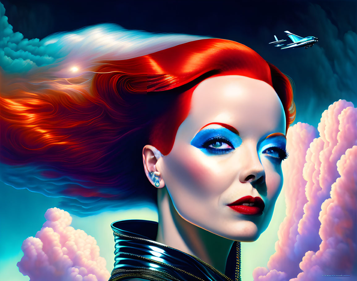Vibrant red-haired woman with blue eyeshadow in cloudy sky.
