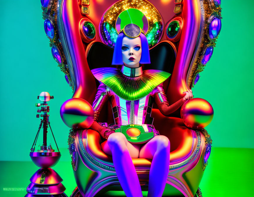 Futuristic figure in colorful regalia on ornate throne with robot