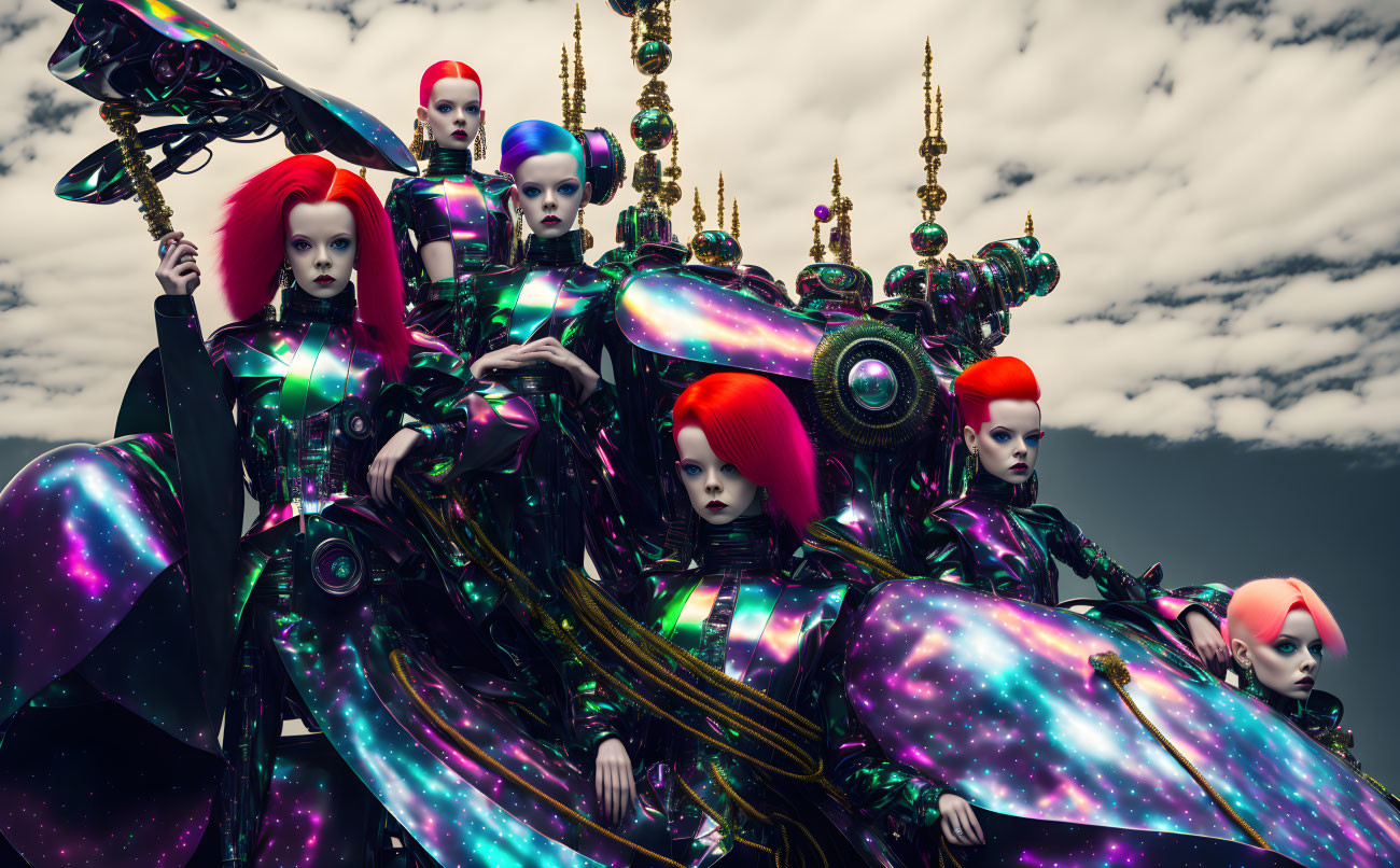 Red-haired female androids with cosmic bodies on mechanical structure under cloudy sky