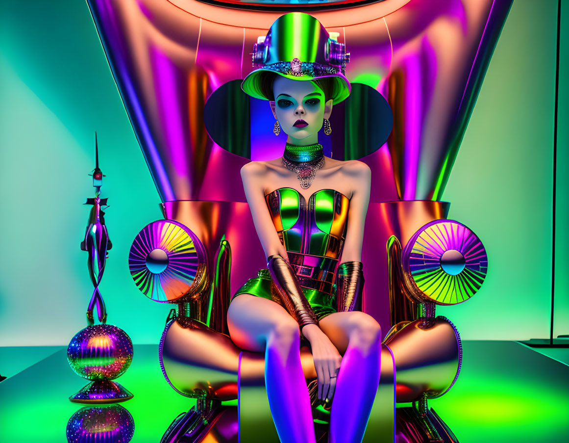 Futuristic woman in green hat and makeup in sci-fi setting