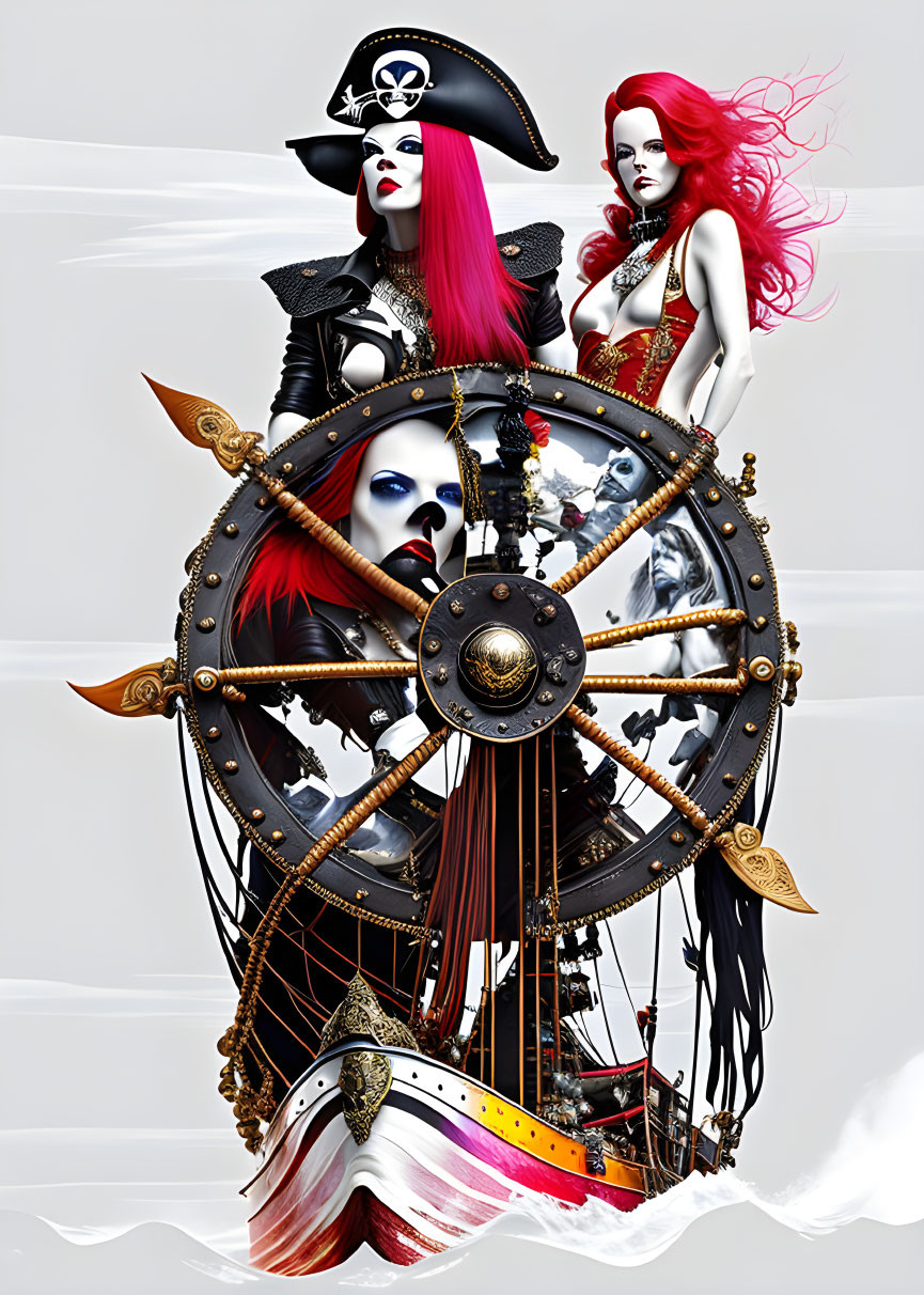 Stylized mannequins in flamboyant pirate attire with bold makeup and elaborate costumes