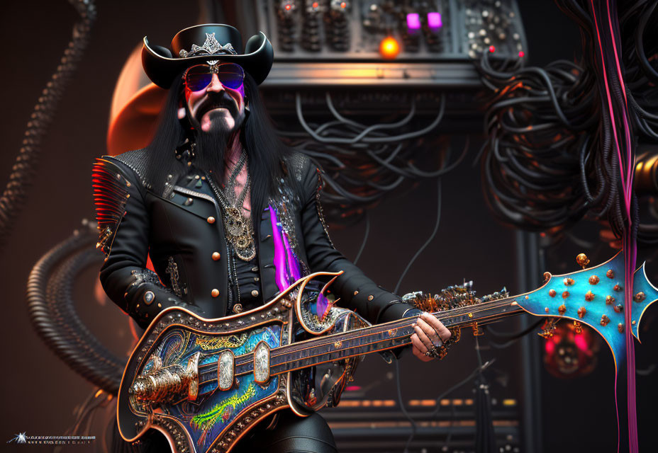 Stylized rock star character with black hat and guitar surrounded by equipment