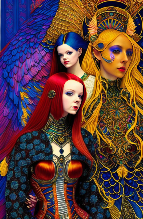 Colorful digital artwork of three women with intricate headdresses against a blue and gold patterned backdrop