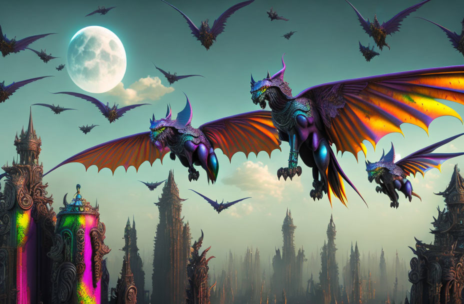 Colorful Dragons Flying Under Full Moon and Gothic Spires