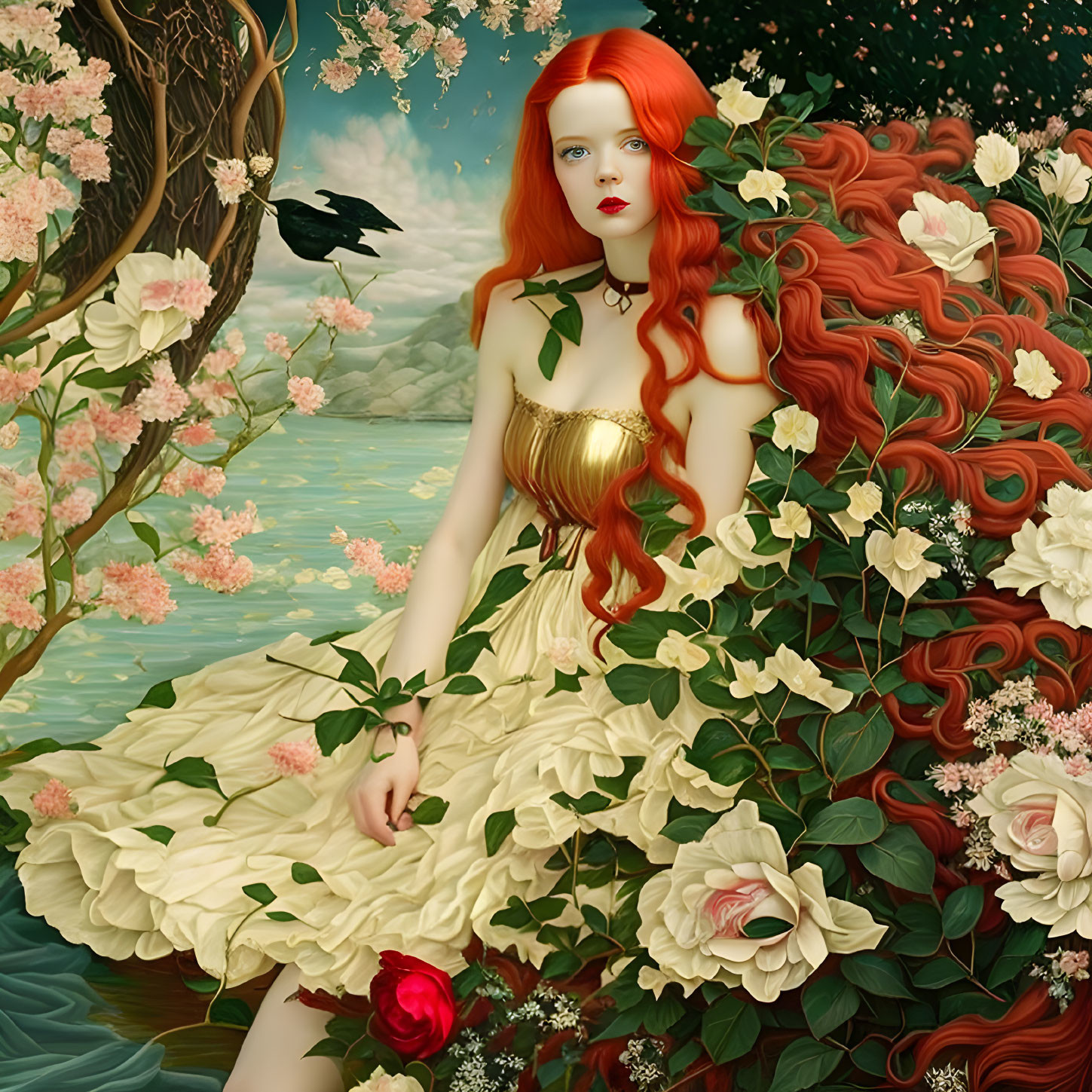 Surreal portrait of woman with red hair in yellow dress among flowers and bird