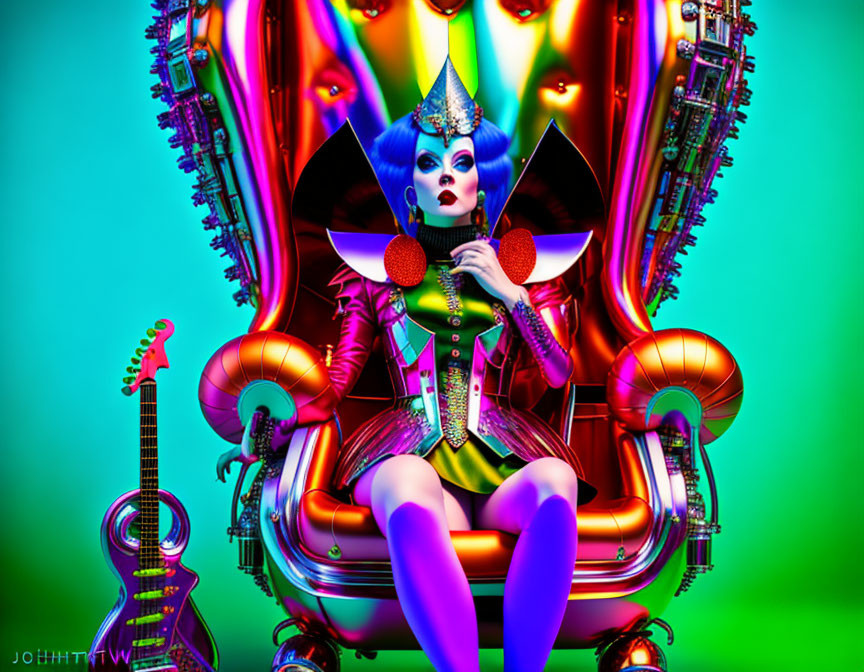 Colorful Stylized Female Figure on Futuristic Throne with Guitar