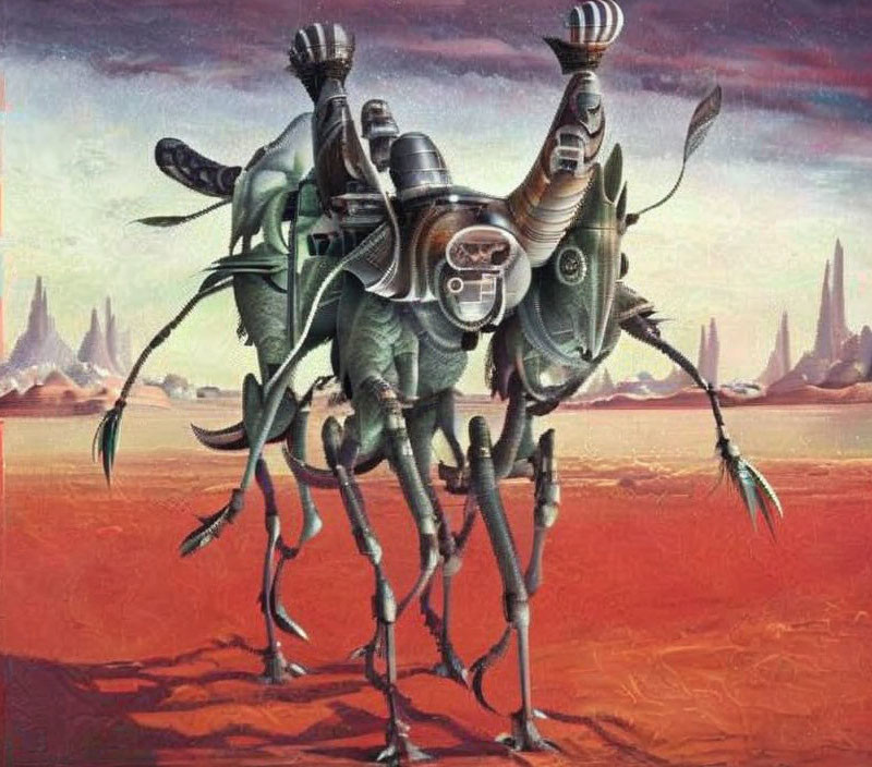 Surreal Artwork: Mechanical Creatures in Desolate Landscape