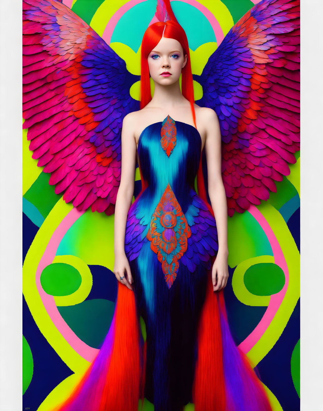 Colorful Woman with Rainbow Wings and Dress on Psychedelic Background