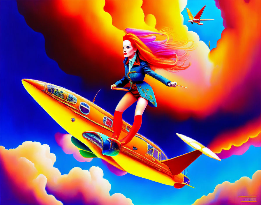 Colorful Woman Surfing on Yellow Airplane in Dynamic Clouds