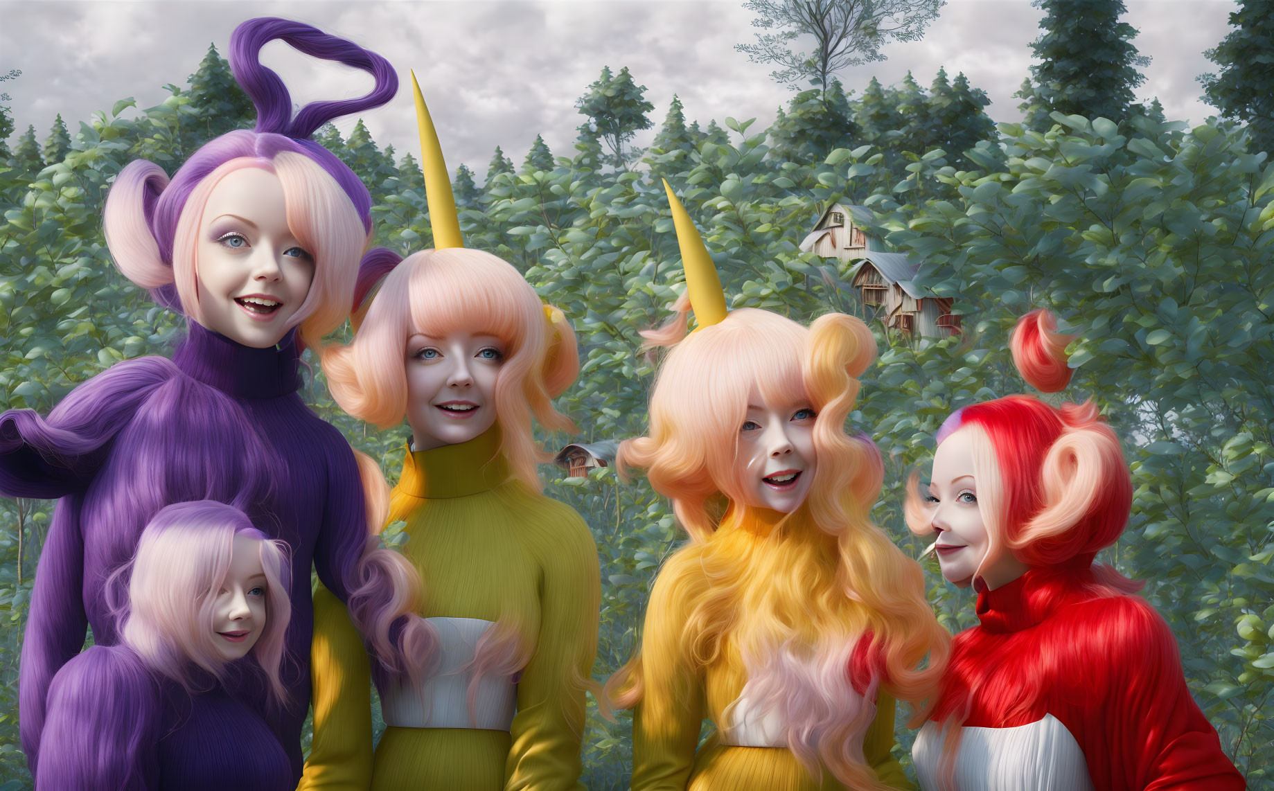 Whimsical characters with vibrant hair in fairytale forest