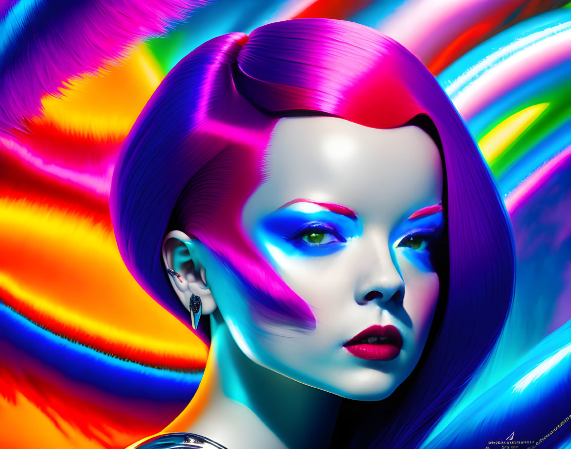 Colorful digital artwork: Woman with vibrant hair and makeup on abstract background