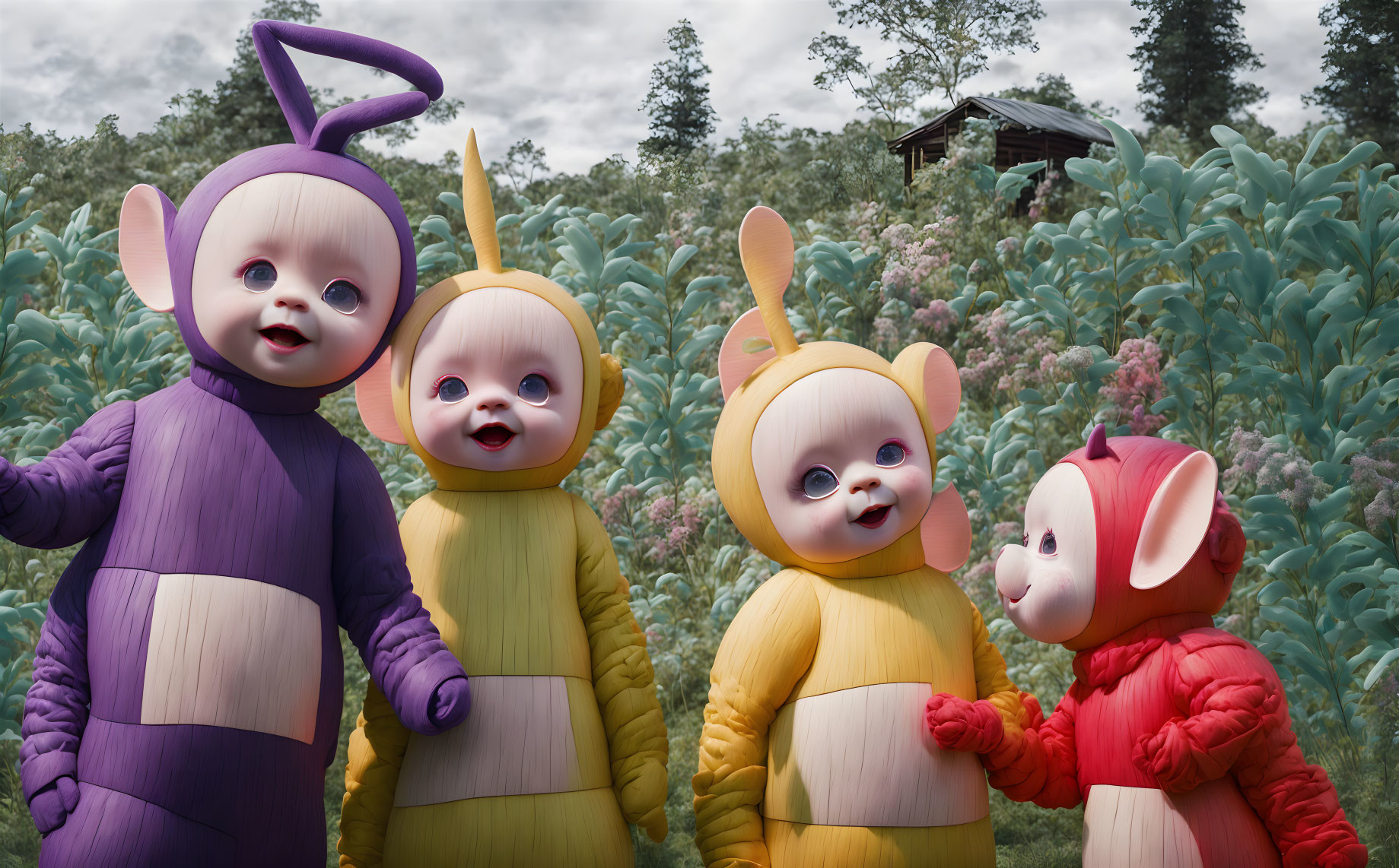 Four Teletubbies Characters in Garden: Tinky Winky Purple, Dipsy Green,