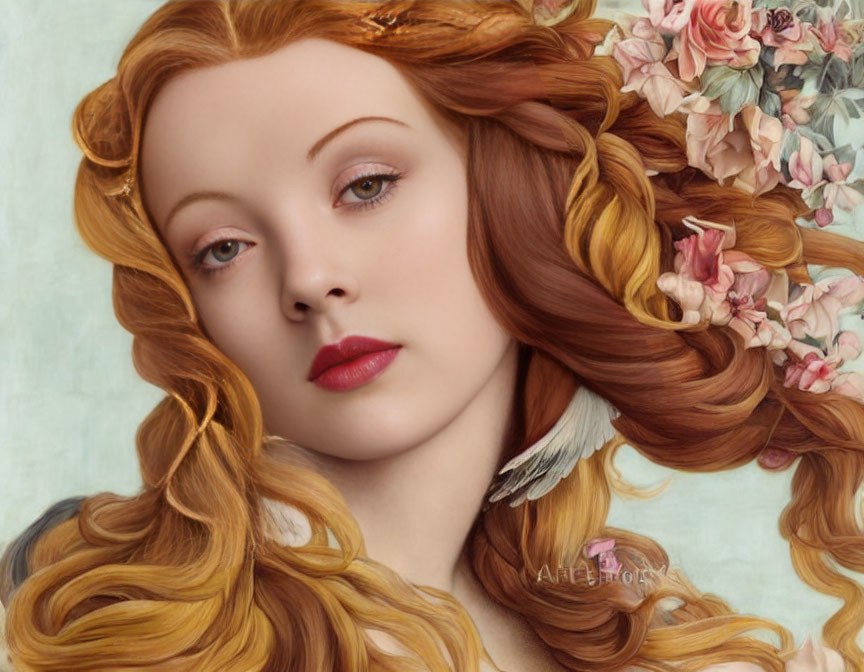 Portrait of woman with auburn hair, flowers, feather, serene gaze, porcelain skin