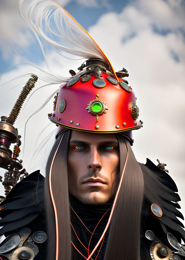 Futuristic warrior digital artwork with high-tech helmet and intricate armor