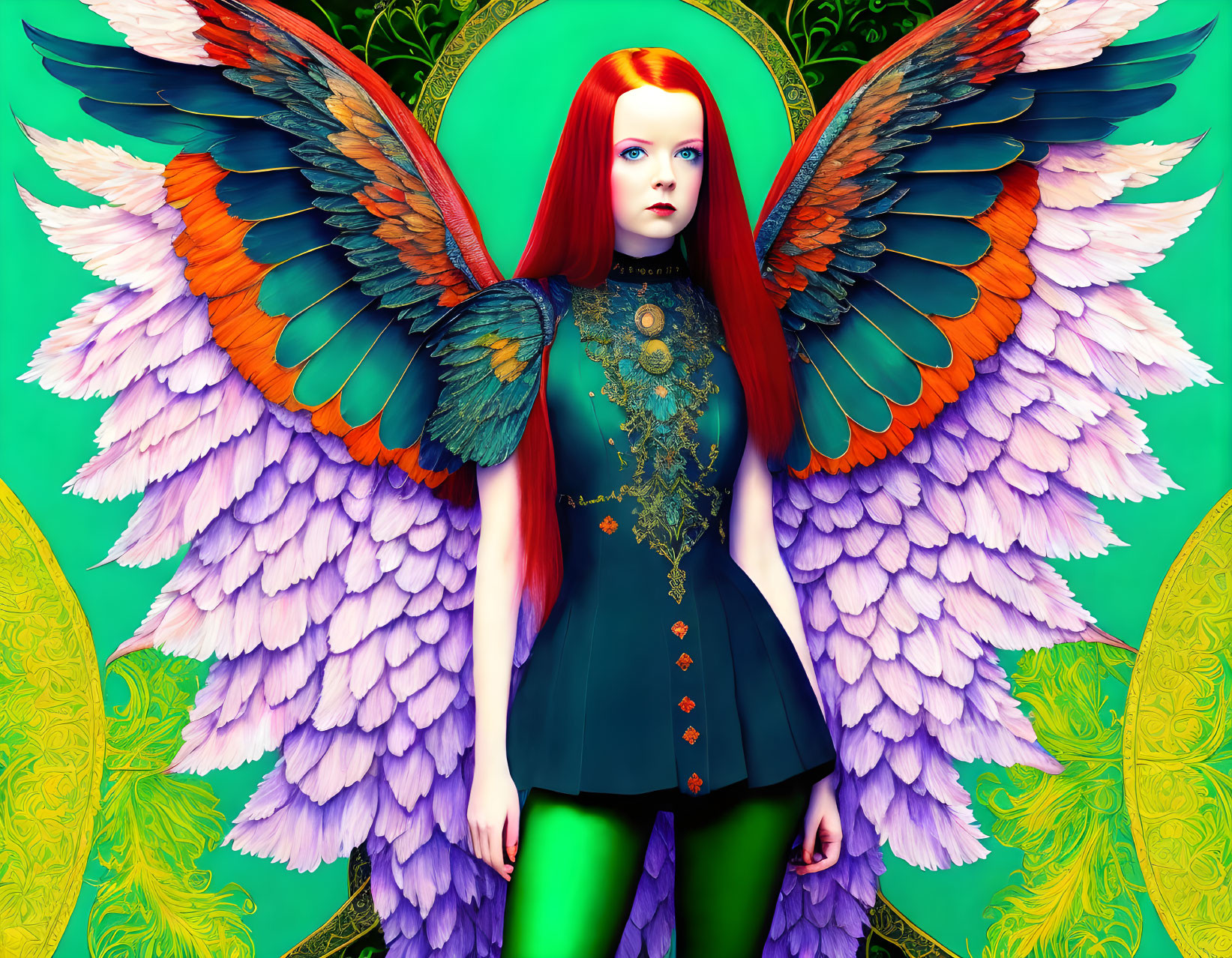 Colorful digital artwork: Woman with red hair and angel wings on ornate green background