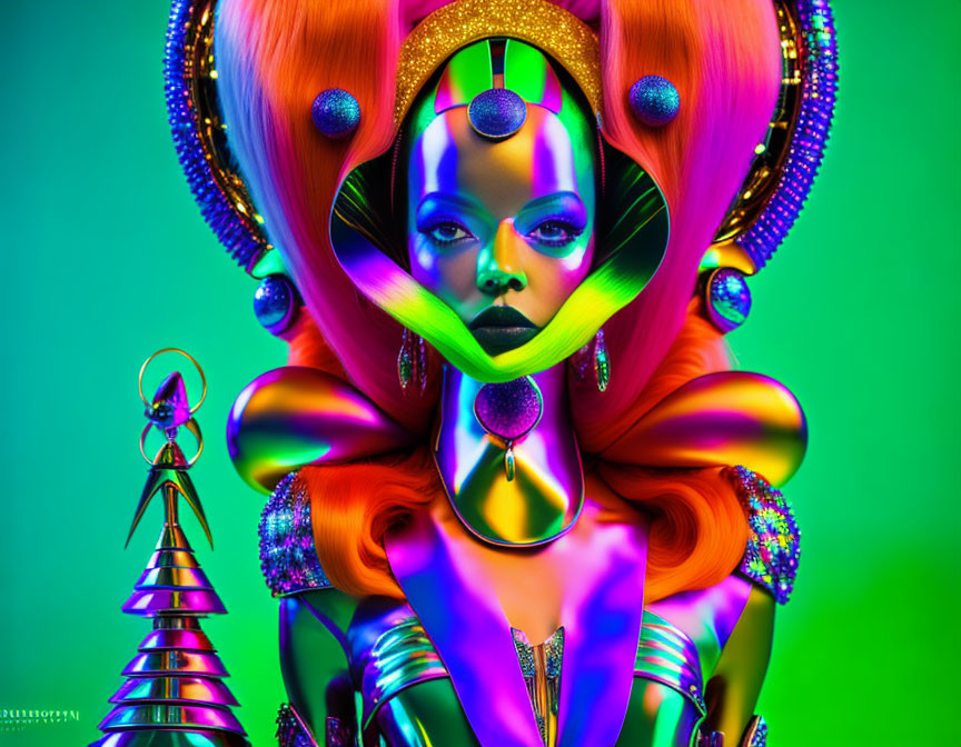 Futuristic female figure with vibrant hair and elaborate headgear on green background