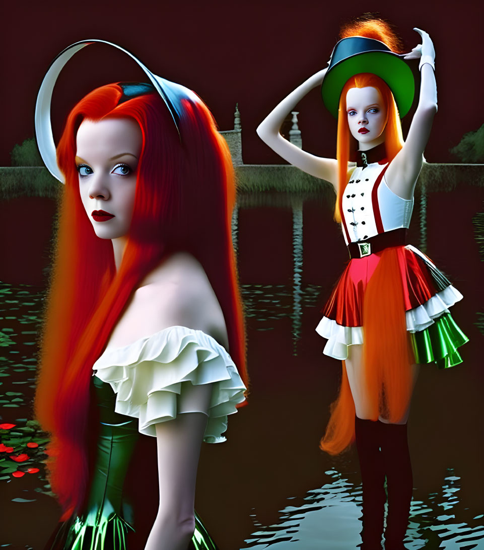 Stylized women with red hair in hats against surreal background