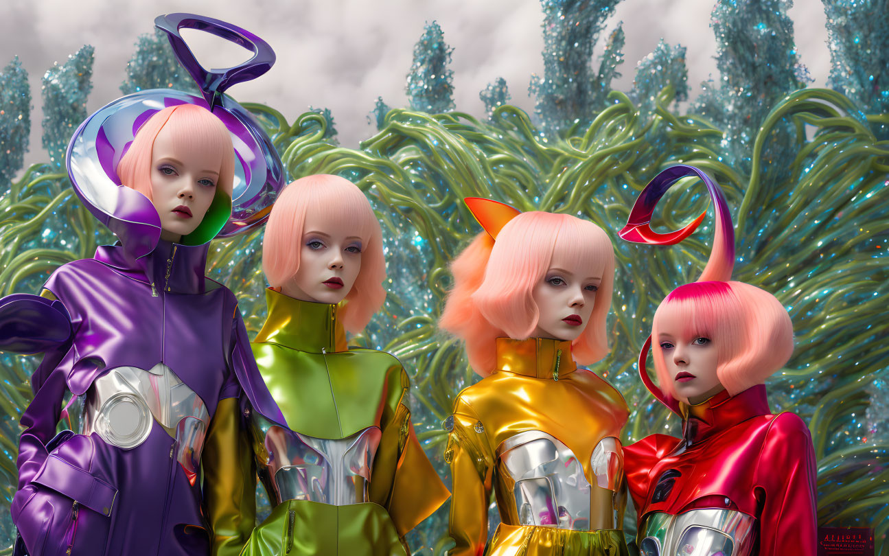 Four futuristic models in metallic clothing with pastel-colored hair against a whimsical tree backdrop