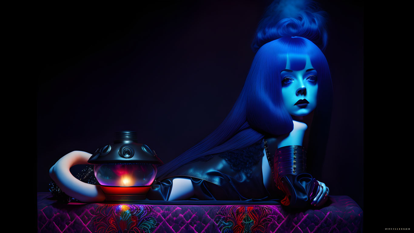 Blue-haired woman in futuristic outfit with glowing teapot on dark background