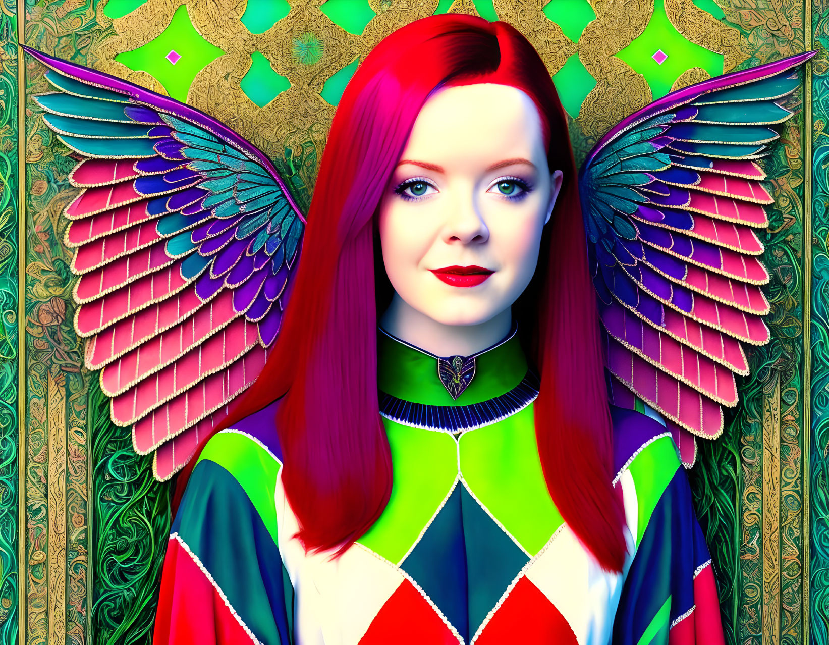 Vibrant image of woman with red hair and angelic wings in multicolored garment