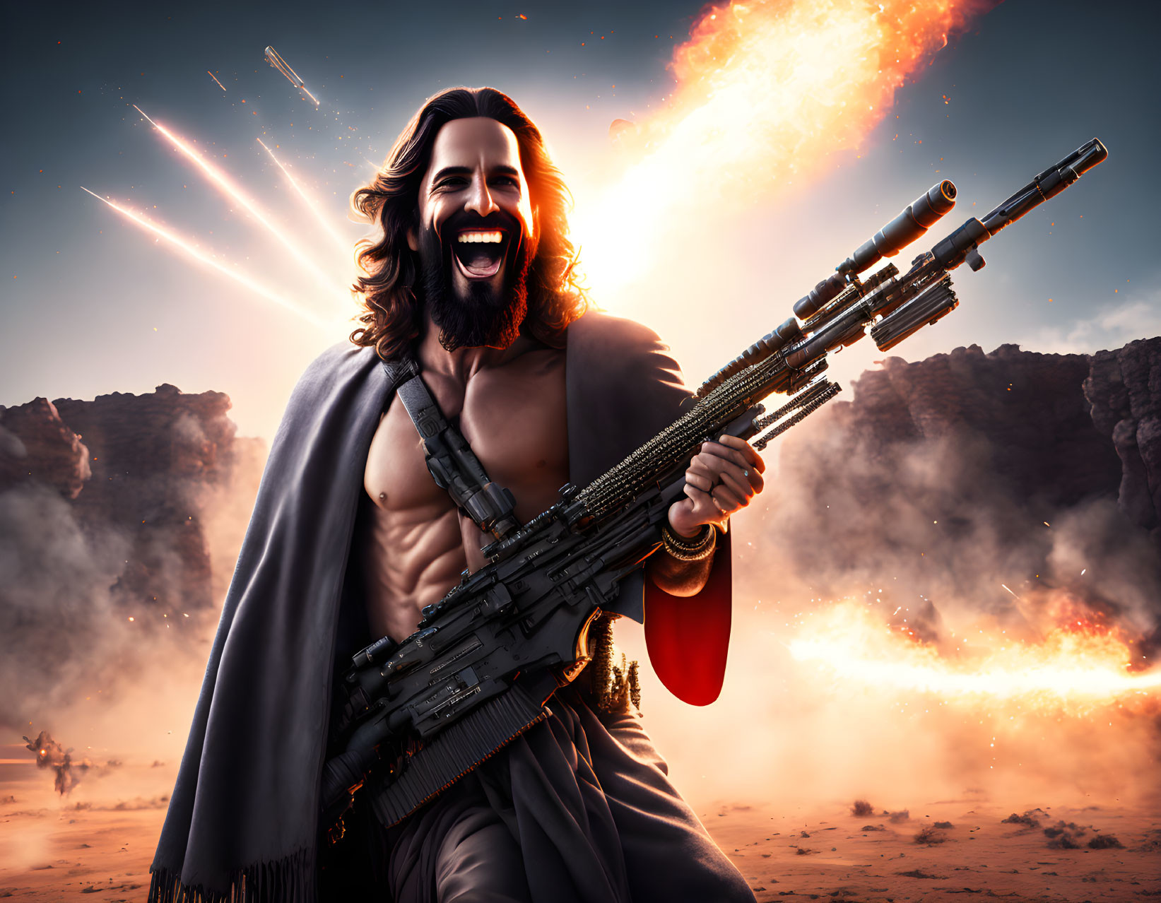 Bearded man with rifle and cape in fiery background
