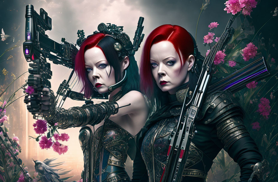 Identical Female Sci-Fi Warriors in Red Hair & Futuristic Armor Among Pink Flowers