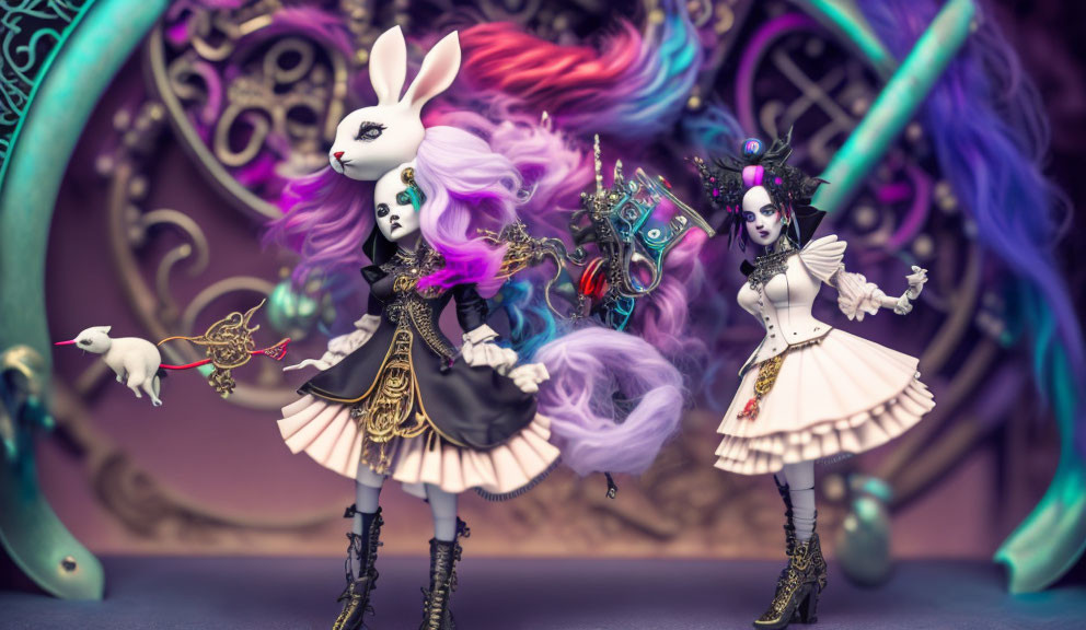 Colorful anthropomorphic bunny dolls with ornate outfits and masks, one linked to a white bird.