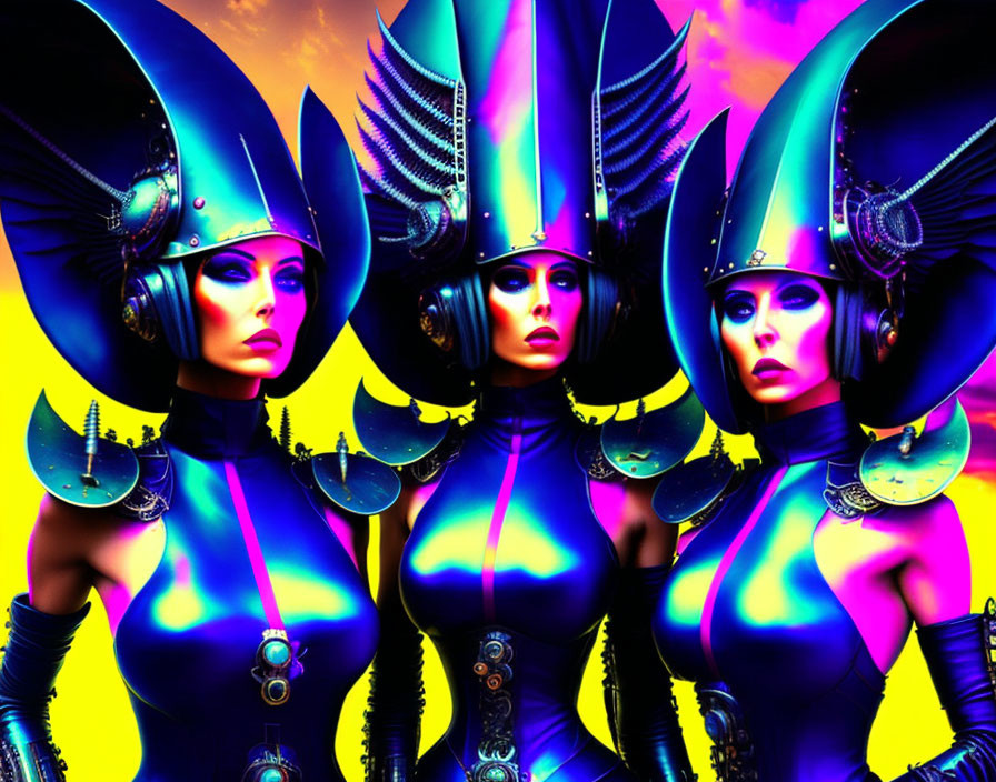 Three futuristic warrior women in stylized helmets and armor on vibrant backdrop