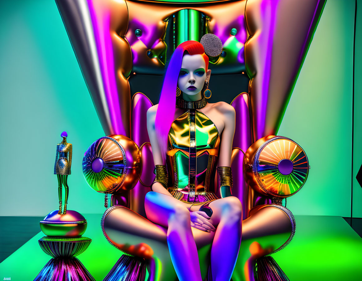 Vivid red-haired female figure on modern throne in neon-lit room