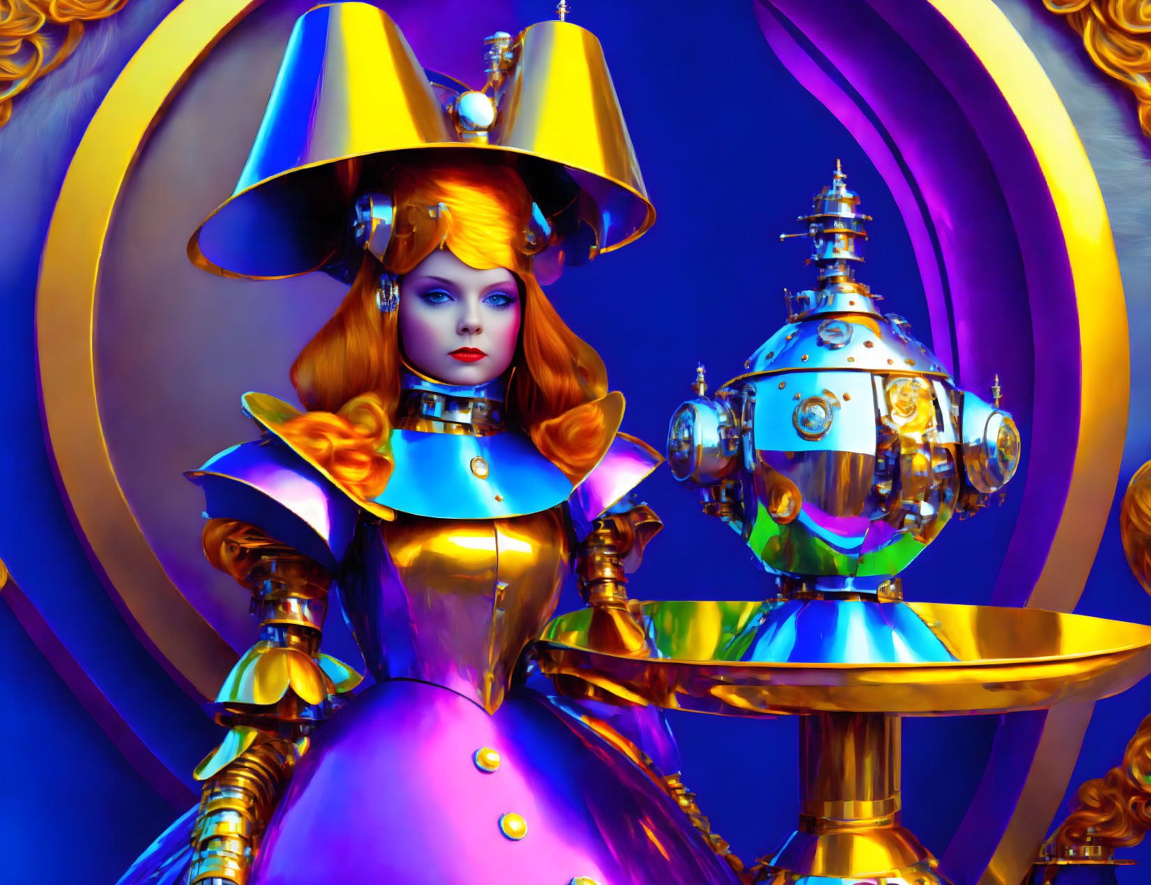 Colorful digital artwork: Woman in gold and blue outfit with robot in whimsical setting