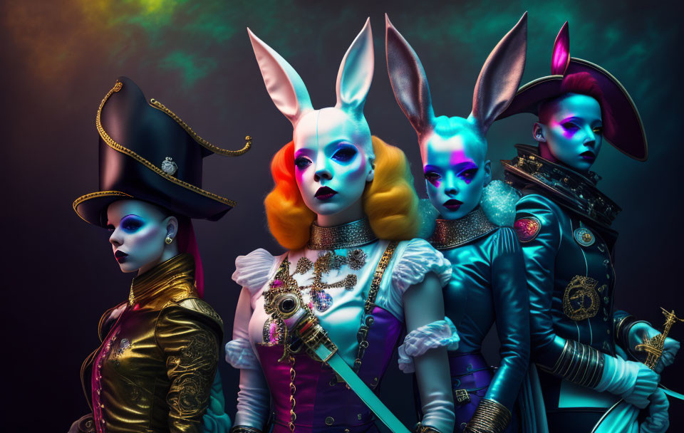 Four individuals in rabbit masks and elaborate costumes against a dark, moody background.