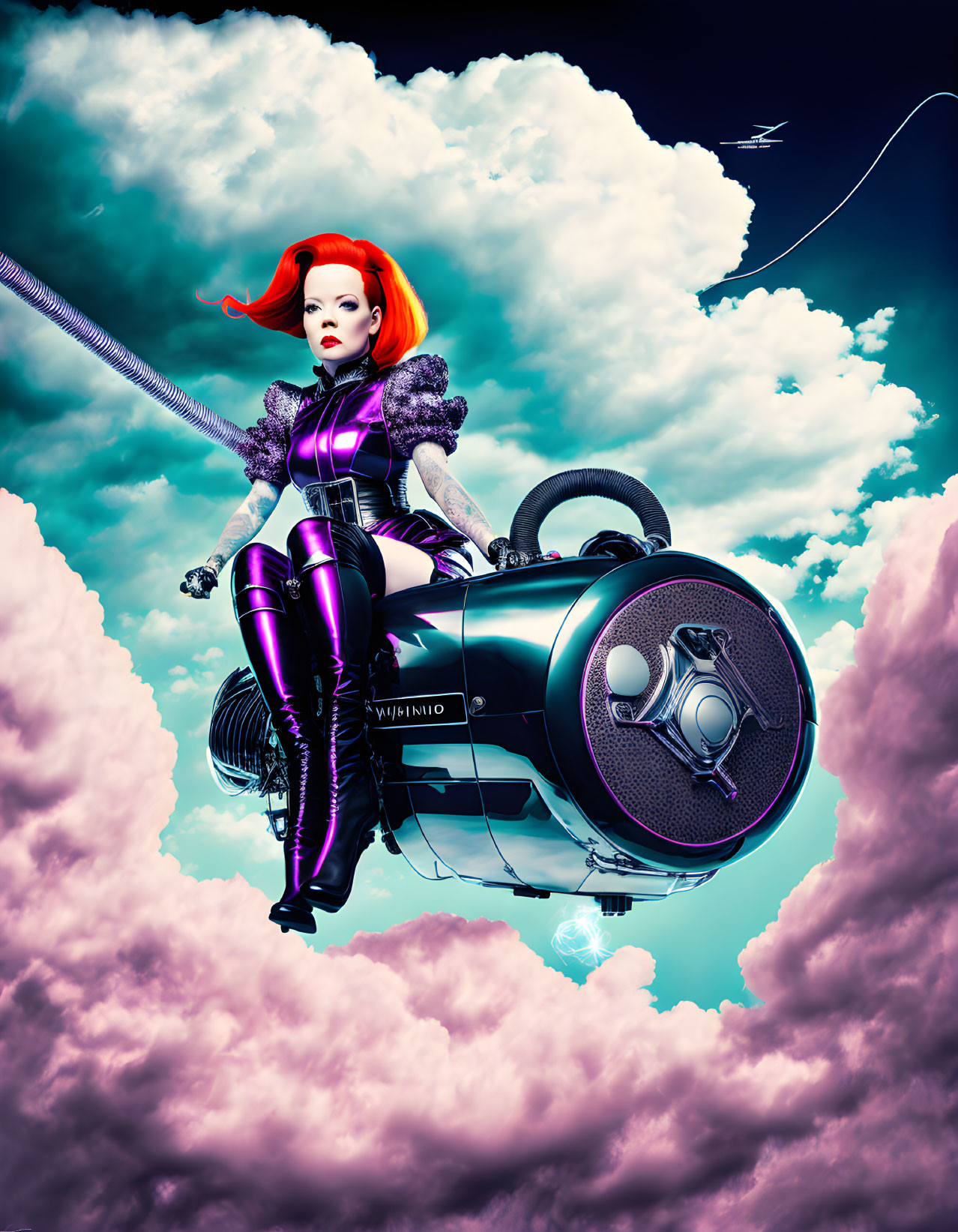 Red-haired female character on jet vacuum cleaner in cloudy sky with kite.