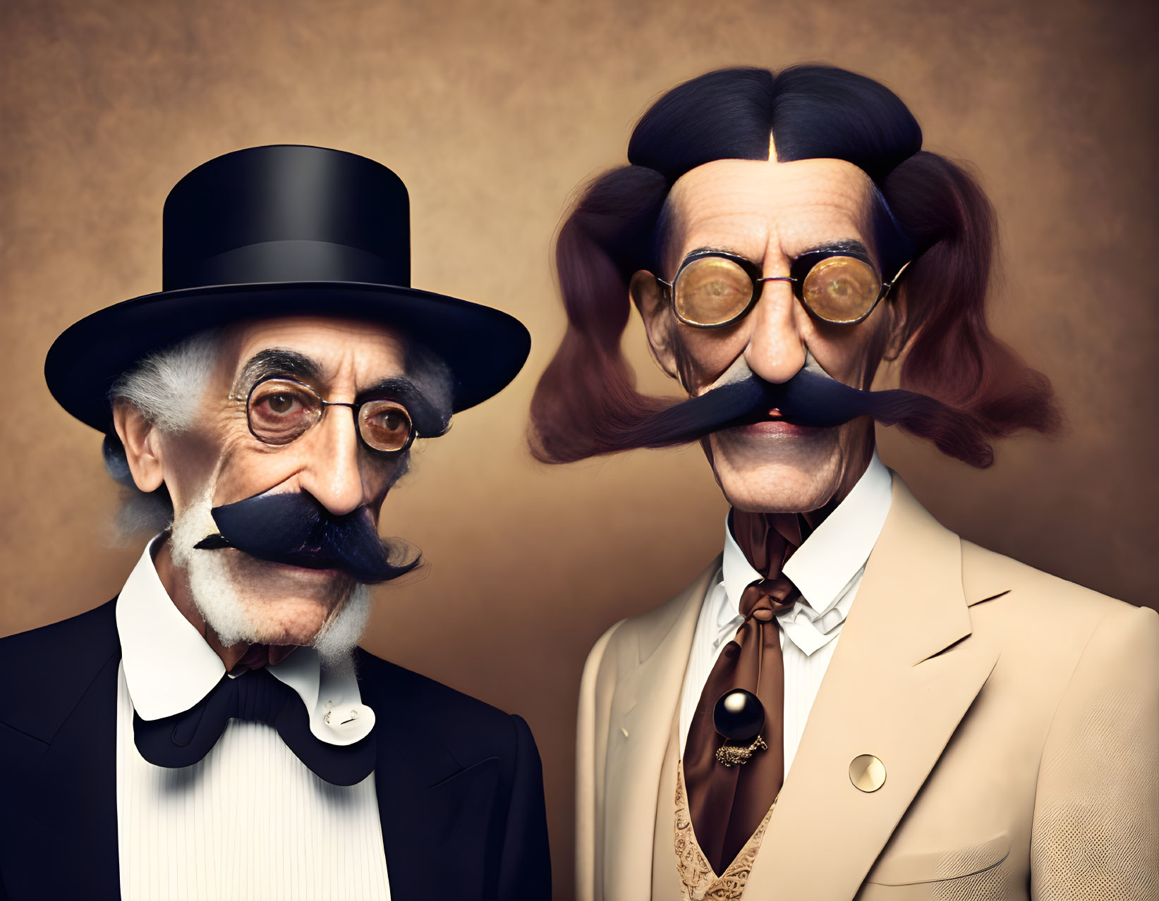 Exaggerated mustaches on vintage-dressed gentlemen