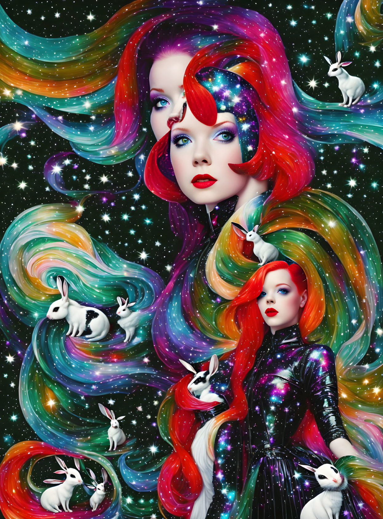 Vibrant space-themed digital art with flowing hair, stars, and rabbits