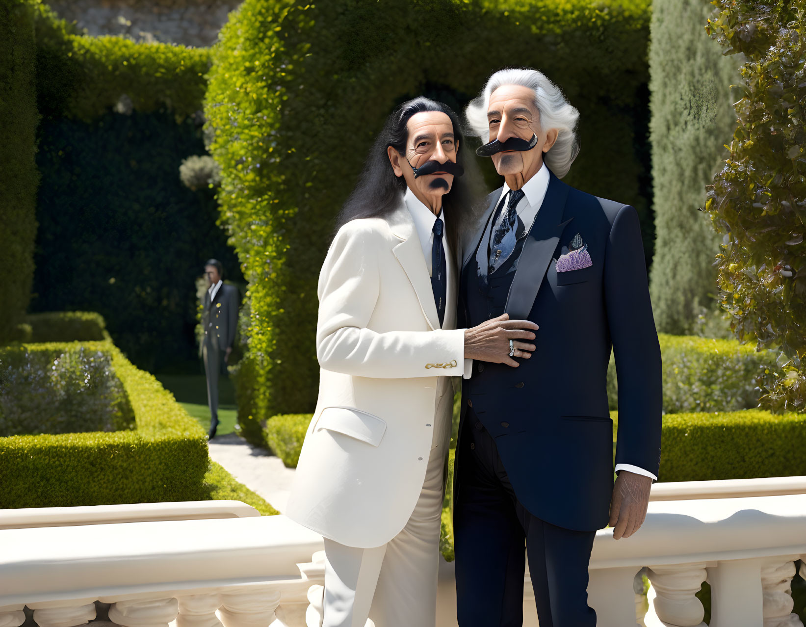 Elegantly dressed men with mustaches in white and navy suits posing in a sunny garden