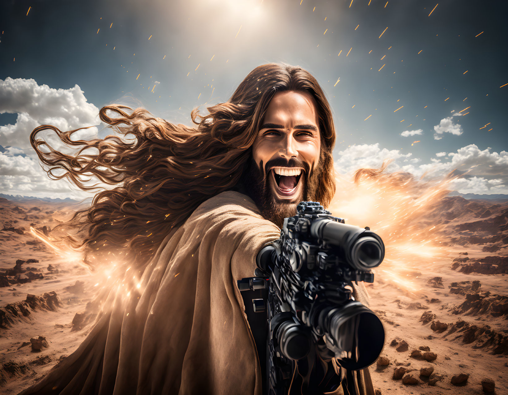 Bearded person with long hair holding camera in desert scenery