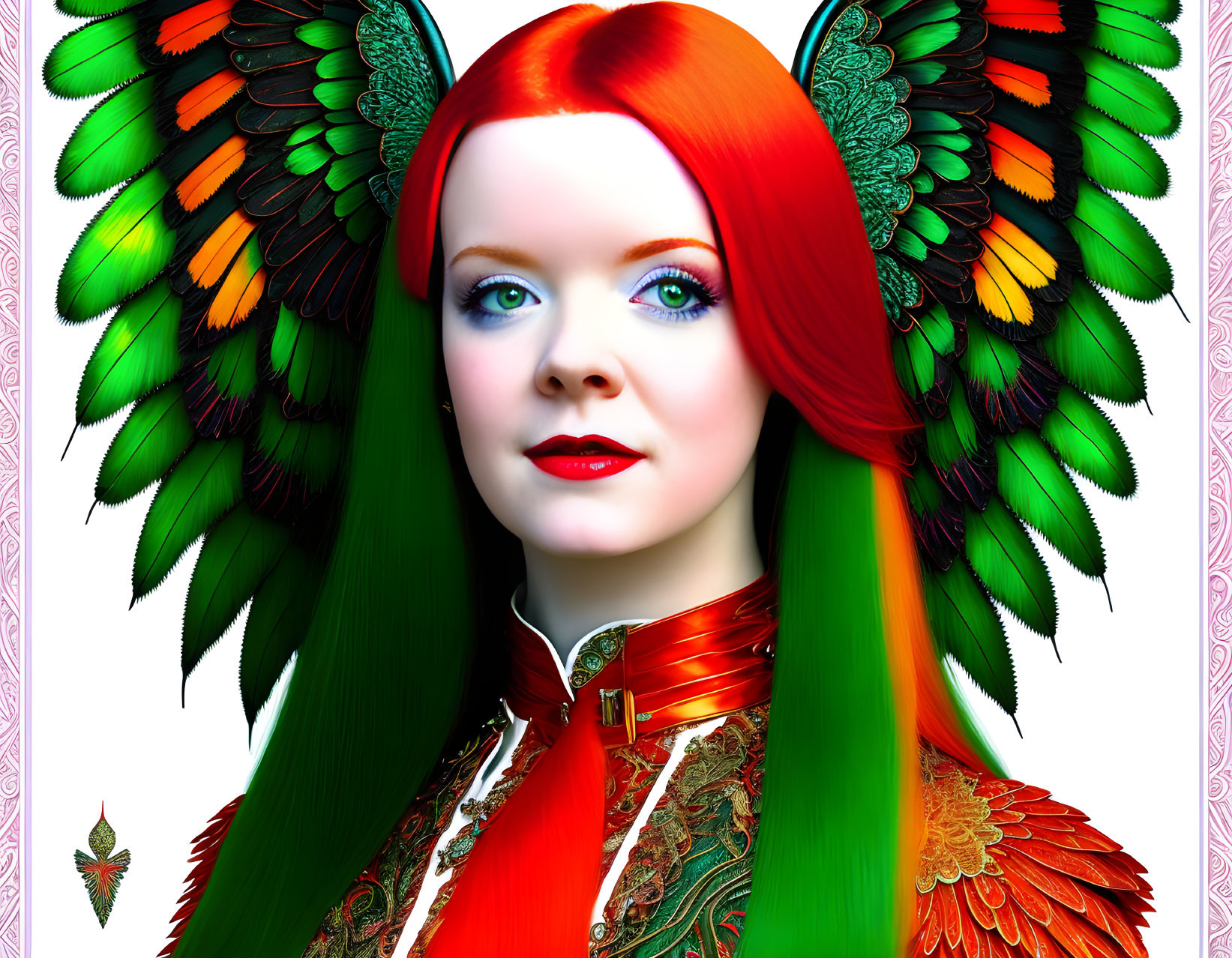 Colorful digital portrait of a woman with red hair and feathered wings